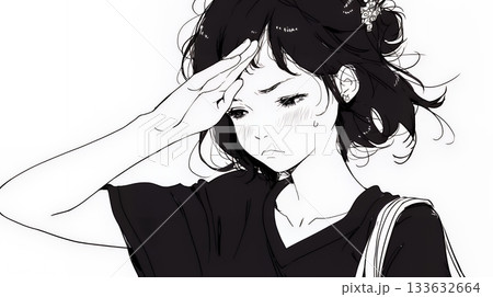 額に手を当てて「困ったな」ポーズをしている若い女性（シンプルな色使い）