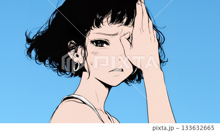 額に手を当てて「困ったな」ポーズをしている若い女性（シンプルな色使い）