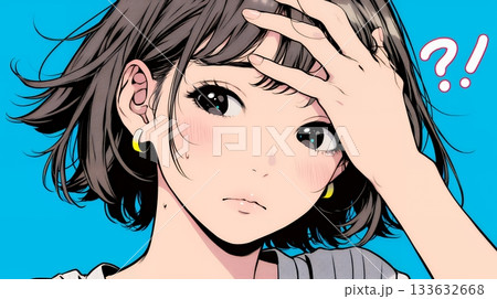 額に手を当てて「困ったな」ポーズをしている若い女性