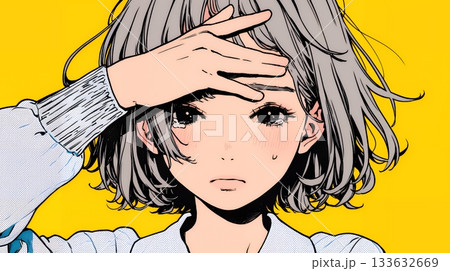 額に手を当てて「困ったな」ポーズをしている若い女性