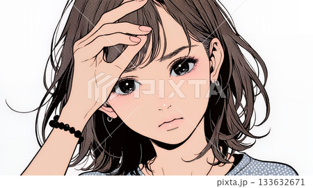 額に手を当てて「困ったな」ポーズをしている若い女性