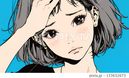 額に手を当てて「困ったな」ポーズをしている若い女性 133632673