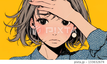 額に手を当てて「困ったな」ポーズをしている若い女性