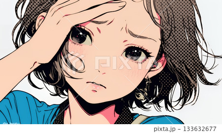 額に手を当てて「困ったな」ポーズをしている若い女性