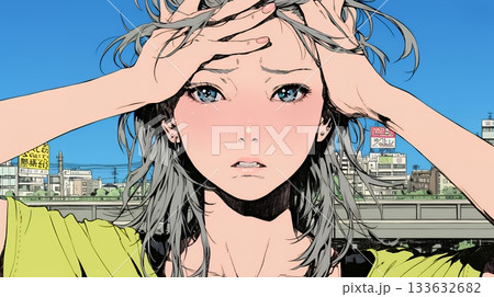 額に手を当てて「困ったな」ポーズをしている若い女性