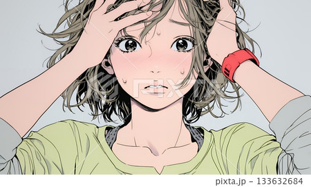 額に手を当てて「困ったな」ポーズをしている若い女性