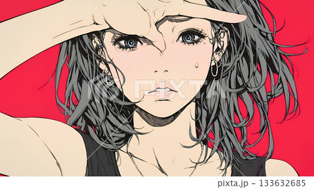 額に手を当てて「困ったな」ポーズをしている若い女性 額に手を当てて「困ったな」ポーズをしている若い女性 133632685