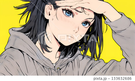 額に手を当てて「困ったな」ポーズをしている若い女性