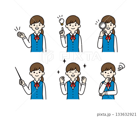 様々な表情・ポーズの、制服を着た若い女性・OLの上半身ベクターイラスト素材セット＿カラー 133632921