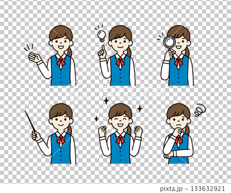 様々な表情・ポーズの、制服を着た若い女性・OLの上半身ベクターイラスト素材セット＿カラー 133632921