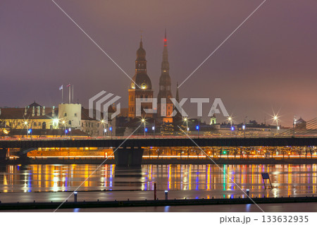 Riga Skyline and River at Night, Riga, Latvia 133632935