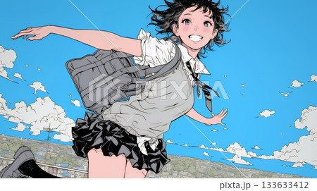 嬉しさのあまり飛び跳ねる制服姿の女子高生