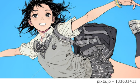 嬉しさのあまり飛び跳ねる制服姿の女子高生