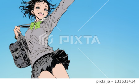 嬉しさのあまり飛び跳ねる制服姿の女子高生