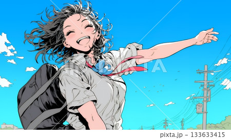 嬉しさのあまり飛び跳ねる制服姿の女子高生