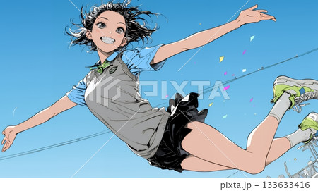 嬉しさのあまり飛び跳ねる制服姿の女子高生