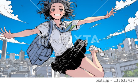 嬉しさのあまり飛び跳ねる制服姿の女子高生