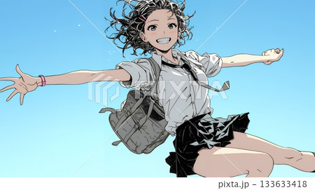 嬉しさのあまり飛び跳ねる制服姿の女子高生