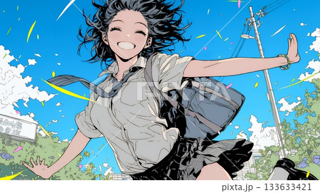 嬉しさのあまり飛び跳ねる制服姿の女子高生