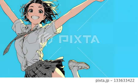 嬉しさのあまり飛び跳ねる制服姿の女子高生