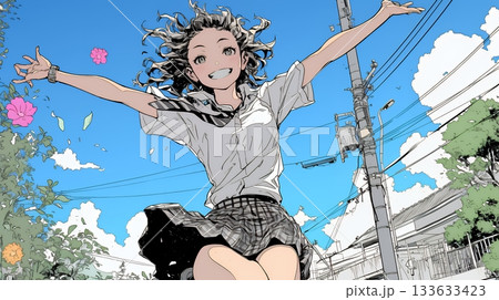 嬉しさのあまり飛び跳ねる制服姿の女子高生