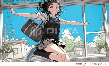 嬉しさのあまり飛び跳ねる制服姿の女子高生
