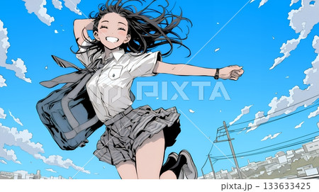 嬉しさのあまり飛び跳ねる制服姿の女子高生