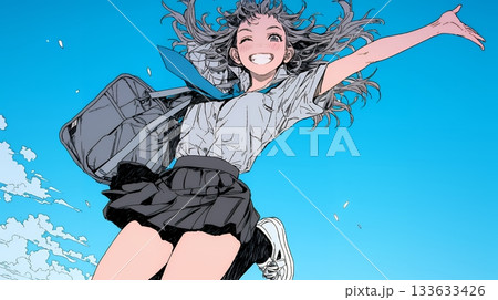 嬉しさのあまり飛び跳ねる制服姿の女子高生