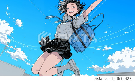 嬉しさのあまり飛び跳ねる制服姿の女子高生