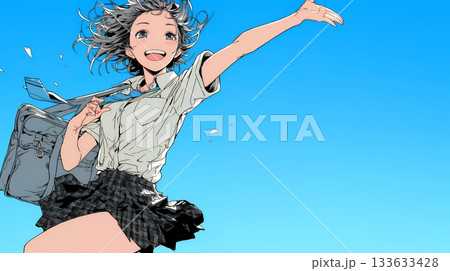 嬉しさのあまり飛び跳ねる制服姿の女子高生