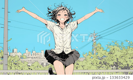 嬉しさのあまり飛び跳ねる制服姿の女子高生