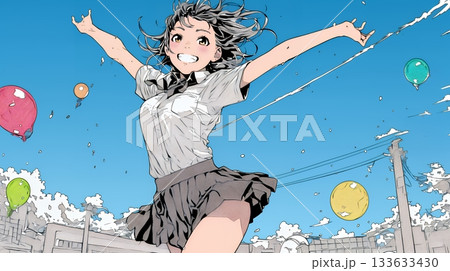 嬉しさのあまり飛び跳ねる制服姿の女子高生