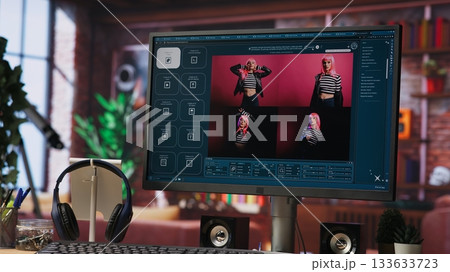 Generative artificial intelligence GPT on PC monitor with image understanding capabilities generating photos. AI virtual assistant on computer screen outputting high resolution lifelike visuals 133633723