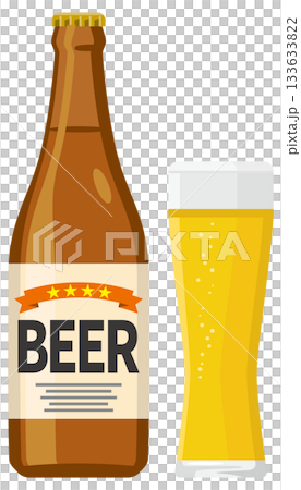Illustration of beer poured into a glass and bottled beer 133633822