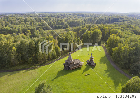 Aerial view of Spaso-Zashiverskaya Church built of wood without nails in 1600 in Siberia, Russia Aerial view of Spaso-Zashiverskaya Church built of wood without nails in 1600 in Siberia, Russia 133634208