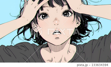 驚愕して息を呑み、目を見開いたまま口をぽかんとする若い女性