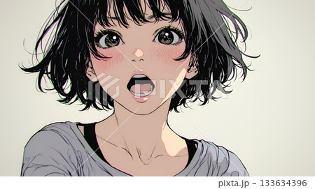 驚愕して息を呑み、目を見開いたまま口をぽかんとする若い女性