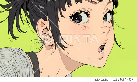 驚愕して息を呑み、目を見開いたまま口をぽかんとする若い女性