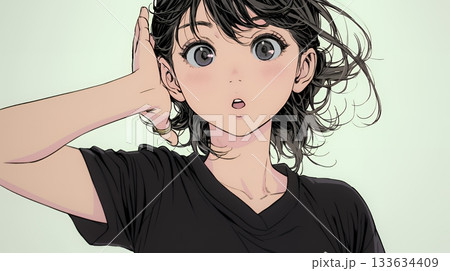 驚愕して息を呑み、目を見開いたまま口をぽかんとする若い女性