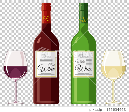 插圖展示了紅酒和白酒倒入酒杯和酒瓶的情景。 133634468