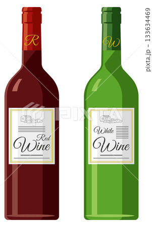 ボトルに入った赤ワインと白ワインのイメージイラスト 133634469