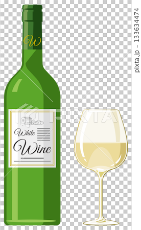 一幅插圖，描繪了一杯白葡萄酒和一瓶酒。 133634474