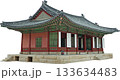 Hanok traditional Korean house Image with detailed roof and elegant wooden architecture for cultural heritage and travel, isolated on transparent background. 133634483