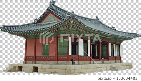Hanok traditional Korean house Image with detailed roof and elegant wooden architecture for cultural heritage and travel, isolated on transparent background. Hanok traditional Korean house Image with detailed roof and elegant wooden architecture for cultural heritage and travel, isolated on transparent background. 133634483