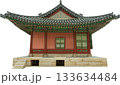 Hanok traditional Korean house Image with detailed roof and elegant wooden architecture for cultural heritage and travel, isolated on transparent background. 133634484