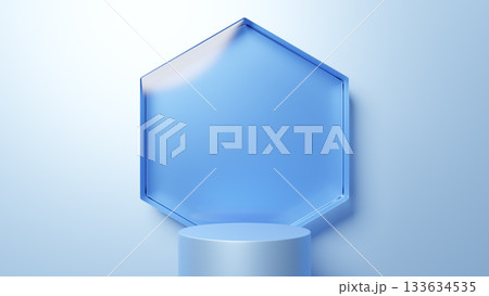 水色背景に青色の六角形のガラスと台座。円柱。3D（横長） 133634535