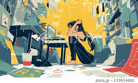 経済的に追い詰められ、部屋で悩む女性