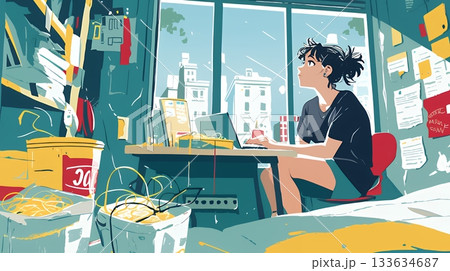 経済的に追い詰められ、部屋で悩む女性