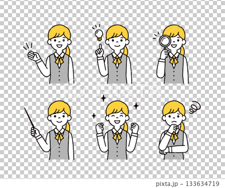 Upper body vector illustration set of young women and office ladies wearing uniforms_Pose variations 133634719