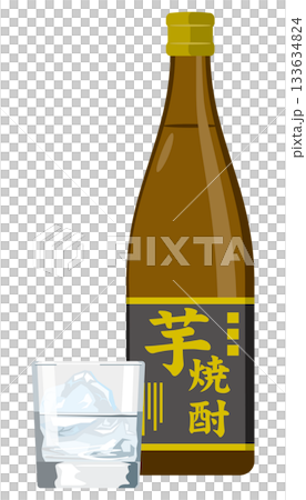 一瓶地瓜燒酒和一個玻璃杯的插圖 一瓶地瓜燒酒和一個玻璃杯的插圖 133634824